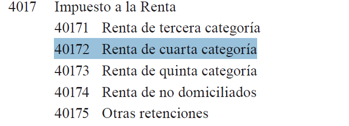 Asiento contable de Renta de cuarta categoría - cuenta renta de 4ta