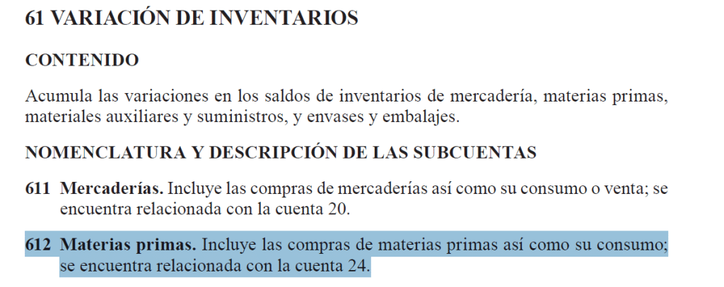 Asiento contable de consumo de las materias primas