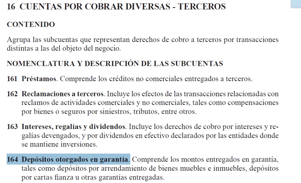 Asiento contable de Depósitos otorgados en garantía