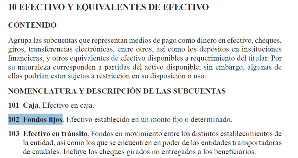 Asiento contable de reembolso de fondo fijo