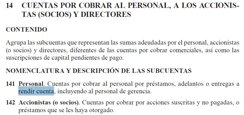 Asiento contable de Entregas a rendir cuenta al gerente